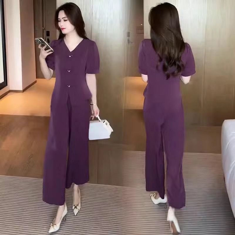 🌸【Top + pantaloni cu picioare largi】Costum de mătase de gheață la modă