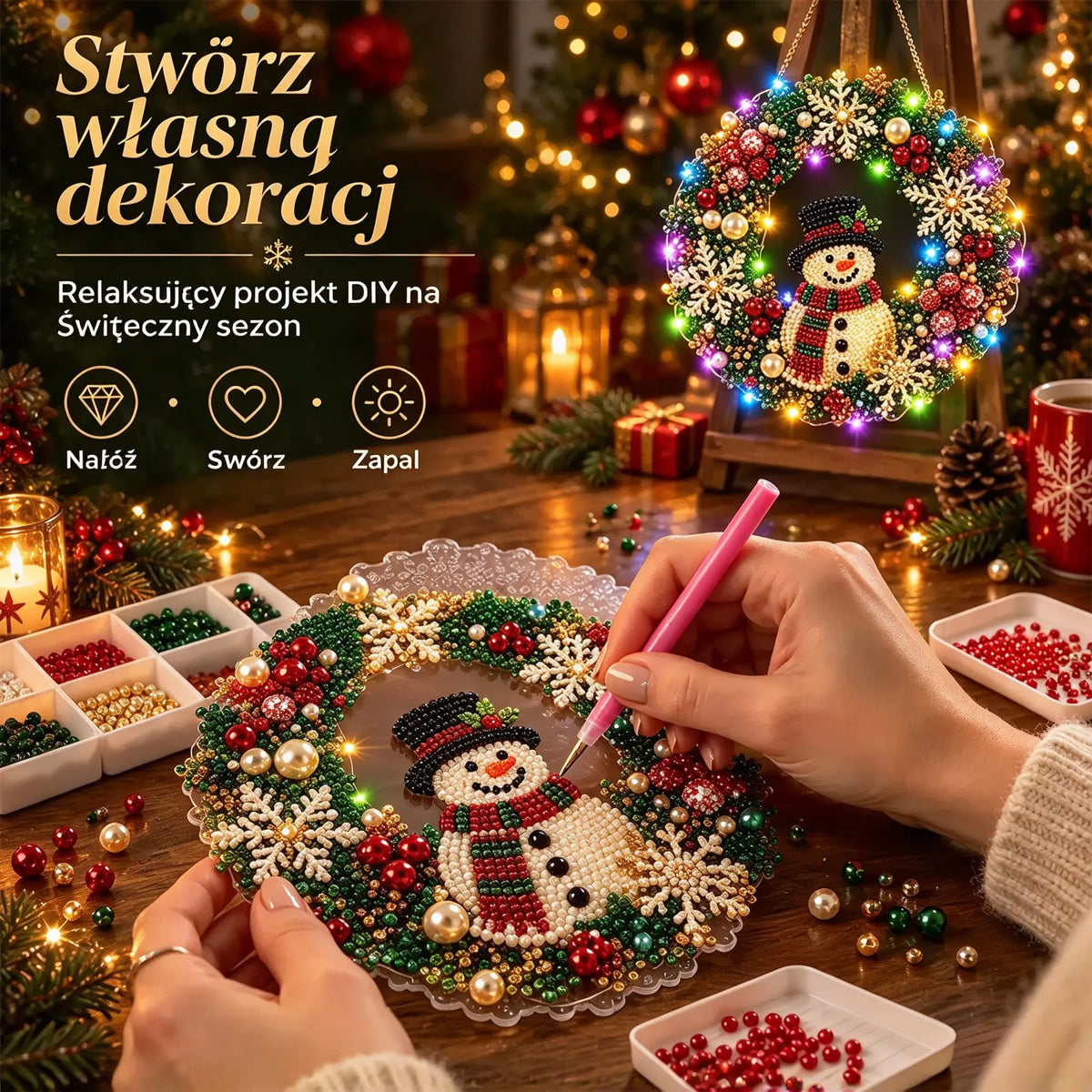 🎄 Świąteczna korona DIY z diamentami, perłami i światłami LED! Wytrzymała płyta akrylowa・9 świątecznych wzorów・Idealna dekoracja drzwi, ścian i okien