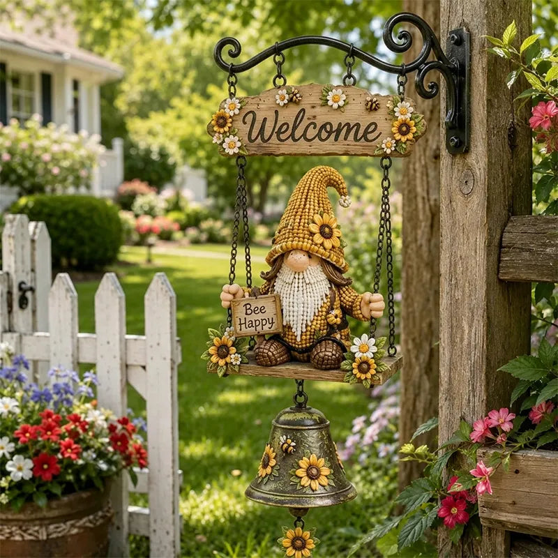 Campana de bienvenida con gnomo de jardín, placa de "Bienvenido", campana de bronce retro, soporte de pared de hierro, decoración para patio y jardín.