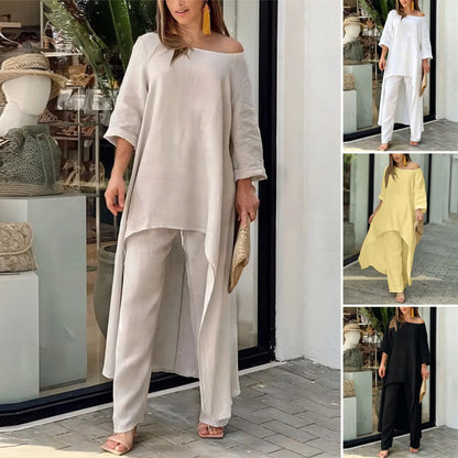 💕【S-5XL】Novi ženski pamučno-laneni modni ležerni komplet dugih rukava s hlačama širokih nogavica, plus veličine, nepravilnog dizajna (set od dva dijela)