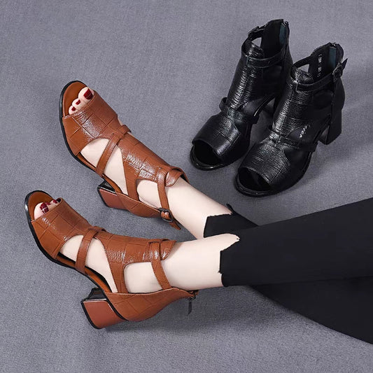 👡【35-40】Nowe miękkie, miękkie skórzane, dno ryby, pysk ryby, wydrążone usta, grube sandały rzymskie na obcasie👡