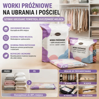 🧳 5 sztuk za jedyne 129 zł 💨 Duże, elastyczne worki próżniowe do przechowywania: Nie wymagają pompki, są szczelne, idealne do oszczędzania miejsca w walizce i w domu ✈️