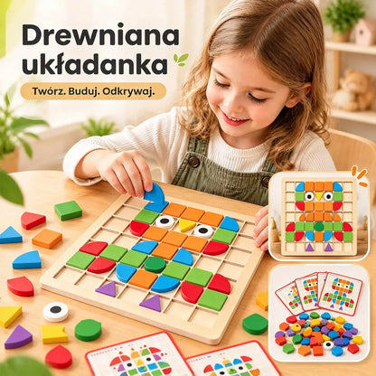 🧩 Drewniane puzzle dla dzieci, edukacyjna zabawka 3D, 120 elementów z kartami wzorów – ćwiczy logiczne myślenie i rozpoznawanie kształtów 🎨