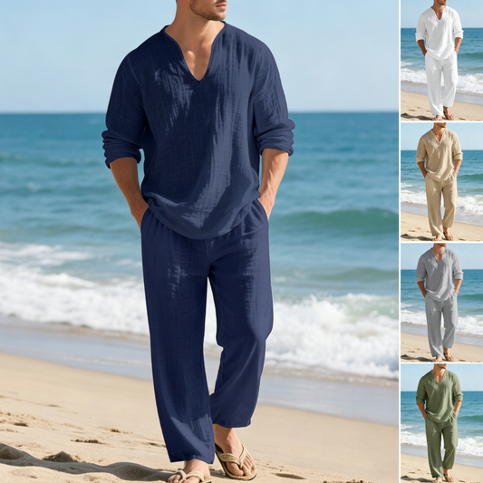 🌴 50% de descuento🔥【Top + Pantalones】Traje casual de lino para hombre con corte holgado y cuello en V para la playa. ✅️Pago contra entrega