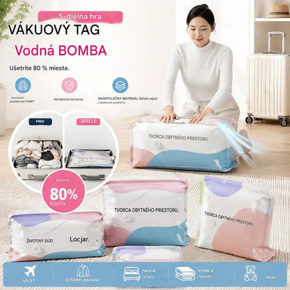 【5-dielna sada】 Veľkokapacitné stlačiteľné vákuové úložné vrecká: Nepotrebujú pumpičku, sú nepriepustné, ideálne na úsporu miesta v kufri a doma