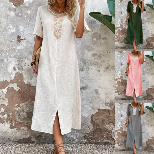 [S-3XL] Rochie nouă de vară, brodata, cu gât rotund, din bumbac și in, la modă și elegantă, confortabilă și respirabilă