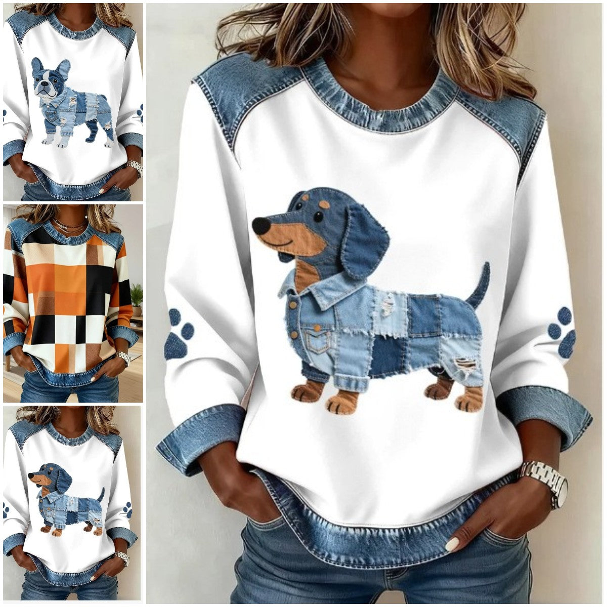 🔥【Vremenski ograničena ponuda】【S-5XL】Nova ženska modna traper majica s patchwork uzorkom, okrugli izrez i dugi rukavi s printom