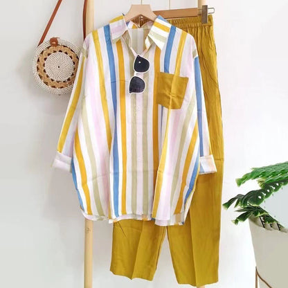 🌸【S-5XL】Nueva conjunto de primavera a rayas, conjunto de dos piezas con mangas largas y pantalones.