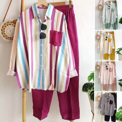🌸【S-5XL】Nueva conjunto de primavera a rayas, conjunto de dos piezas con mangas largas y pantalones.