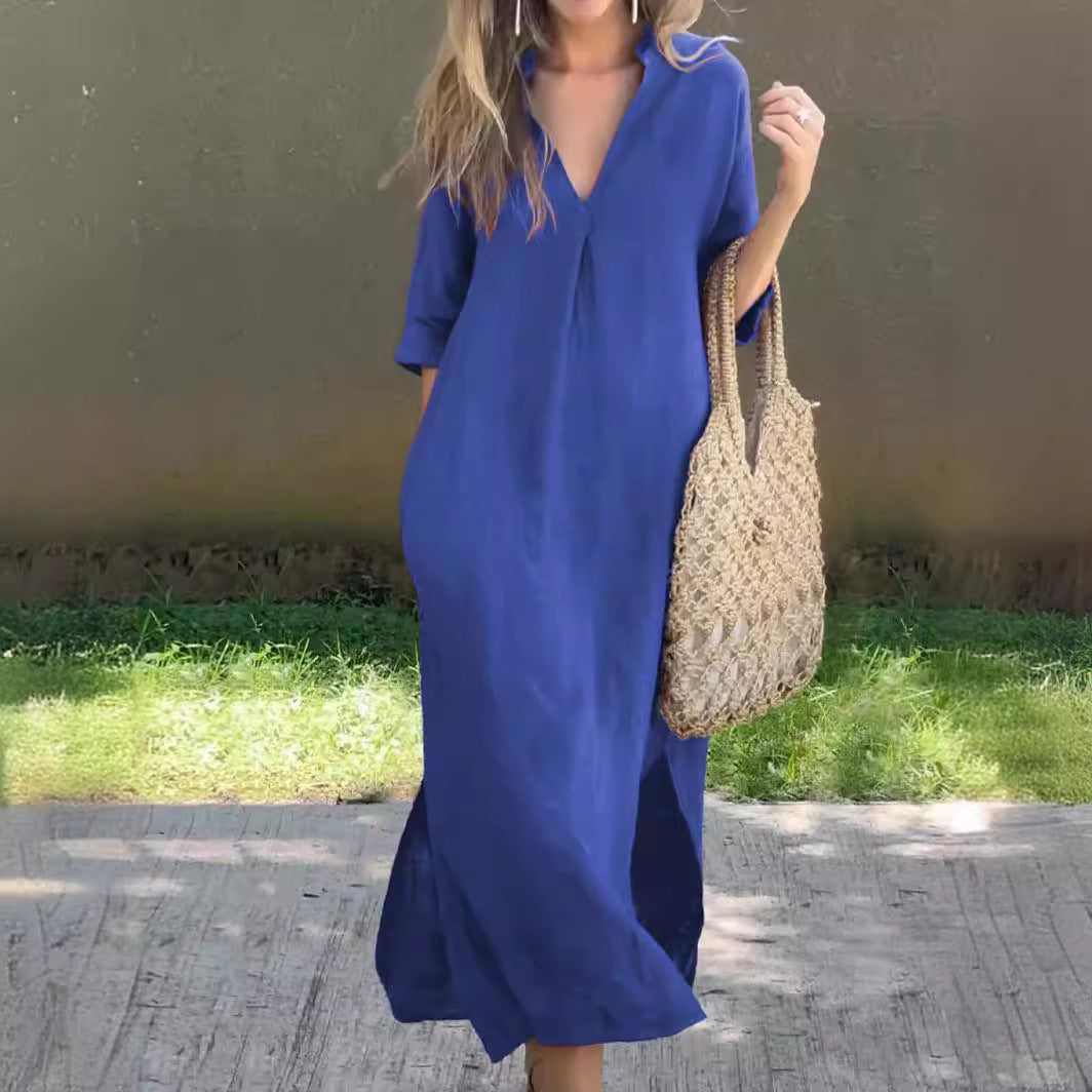 💃💋【50% zniżki 🔥】【S–3XL】Długa lniana spódnica z dekoltem w serek i rozcięciem, wygodna i lekka, idealna na lato-4262267