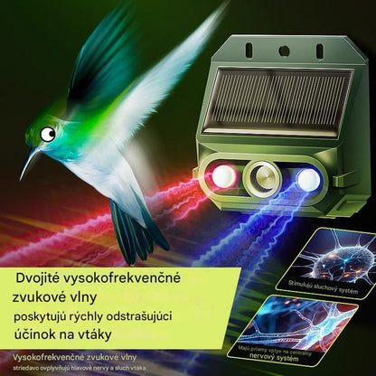 🔥Top hit【Zľava 50%】🔥🐦️Solárne napájaný ultrazvukový odpudzovač vtákov do exteriéru s blikajúcim infračerveným svetlom a červenou a modrou LED diódou