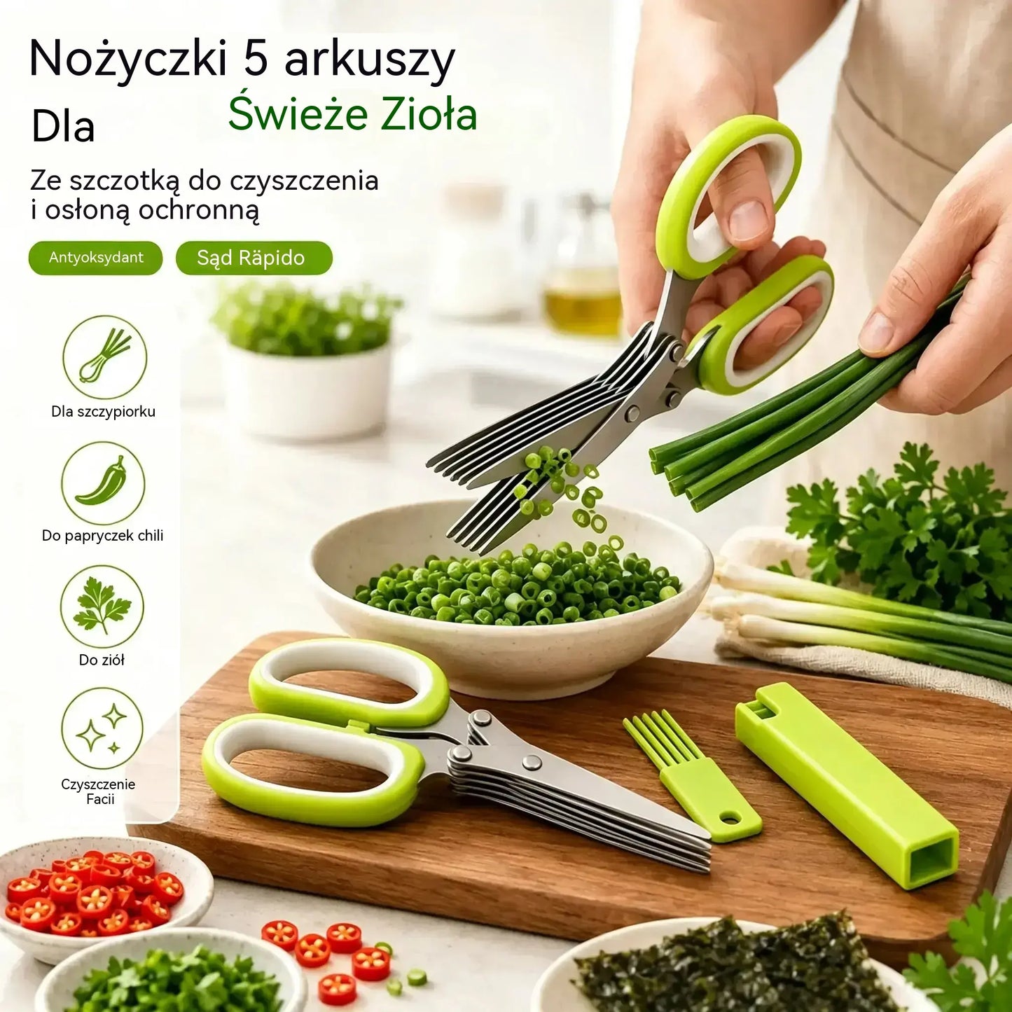 【Kup 1, odbierz 1 gratis!】2 sztuka 109 zł  🌿Nożyczki do ziół z 5 ostrzami – szybkie kuchenne narzędzie do krojenia świeżych ziół i przypraw
