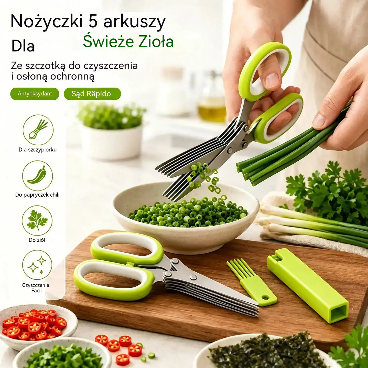 【Kup 1, odbierz 1 gratis!】2 sztuka 109 zł  🌿Nożyczki do ziół z 5 ostrzami – szybkie kuchenne narzędzie do krojenia świeżych ziół i przypraw