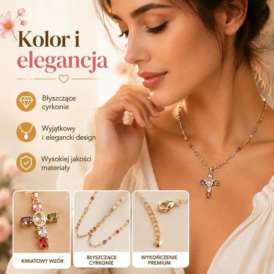 🔥【Rabat 50%】✨Naszyjnik z kolorowymi cyrkoniami w kształcie krzyża, w zestawie elegancka szkatułka na biżuterię