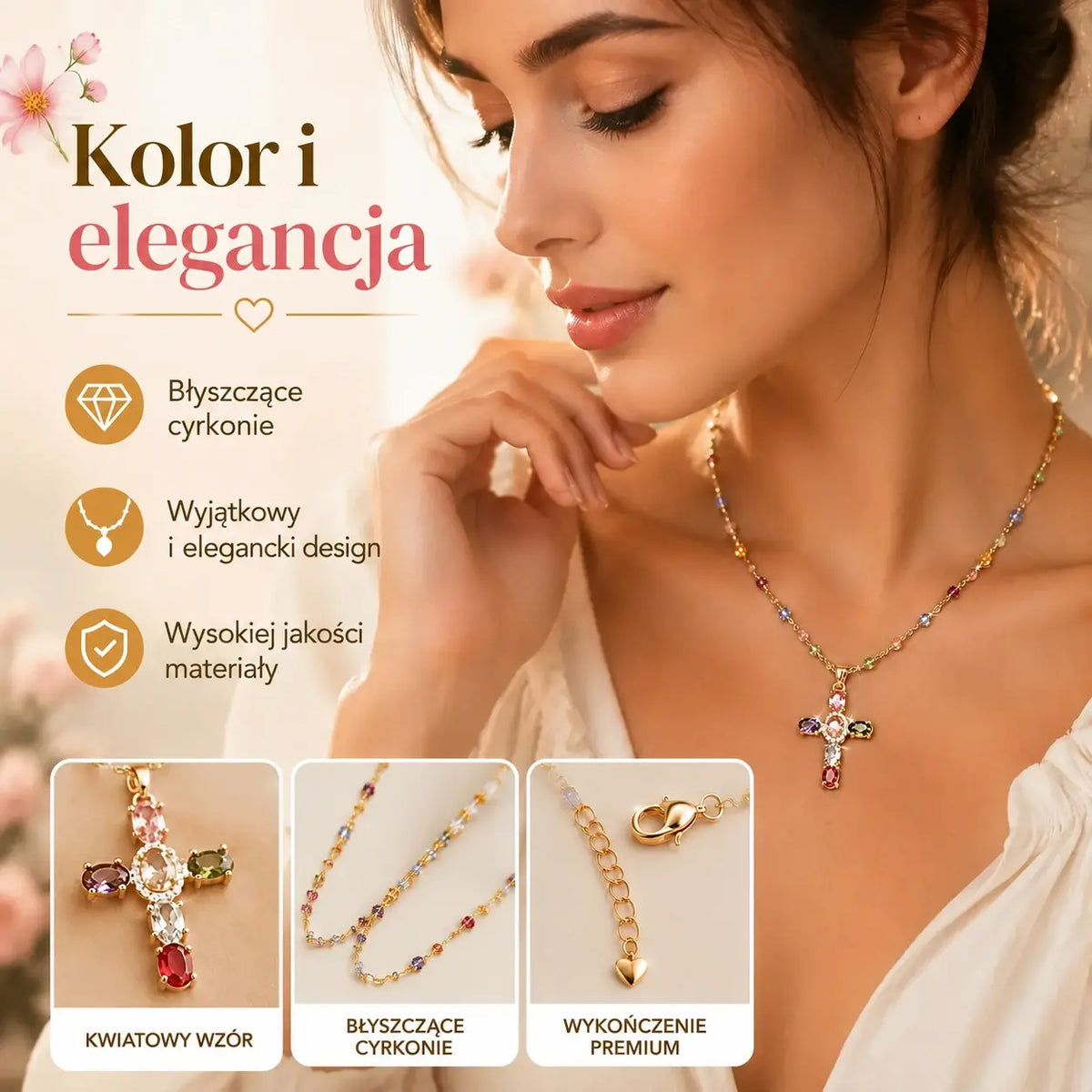 🔥【Rabat 50%】✨Naszyjnik z kolorowymi cyrkoniami w kształcie krzyża, w zestawie elegancka szkatułka na biżuterię