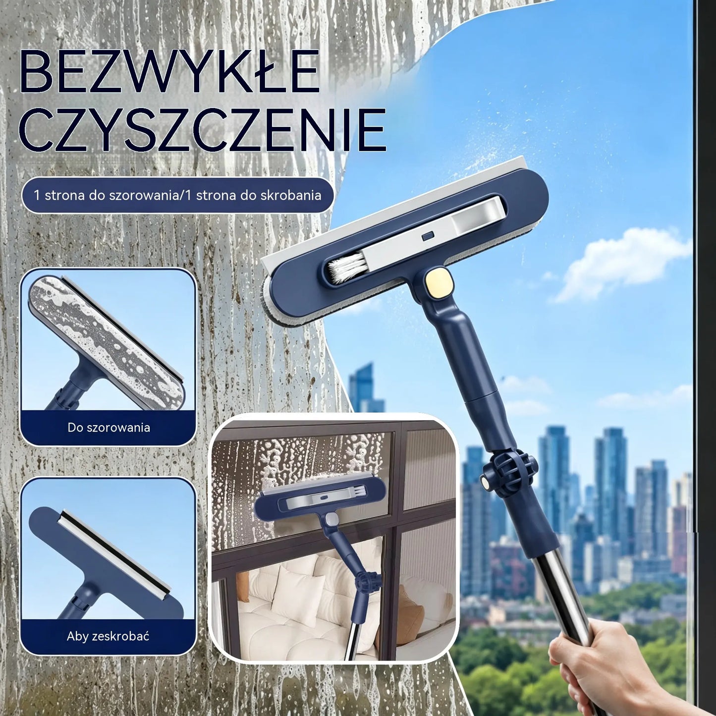 ✨💧Dwustronna myjka do okien 2 w 1 z teleskopowym uchwytem, przeznaczona do mycia okien w budynkach wysokościowych.
