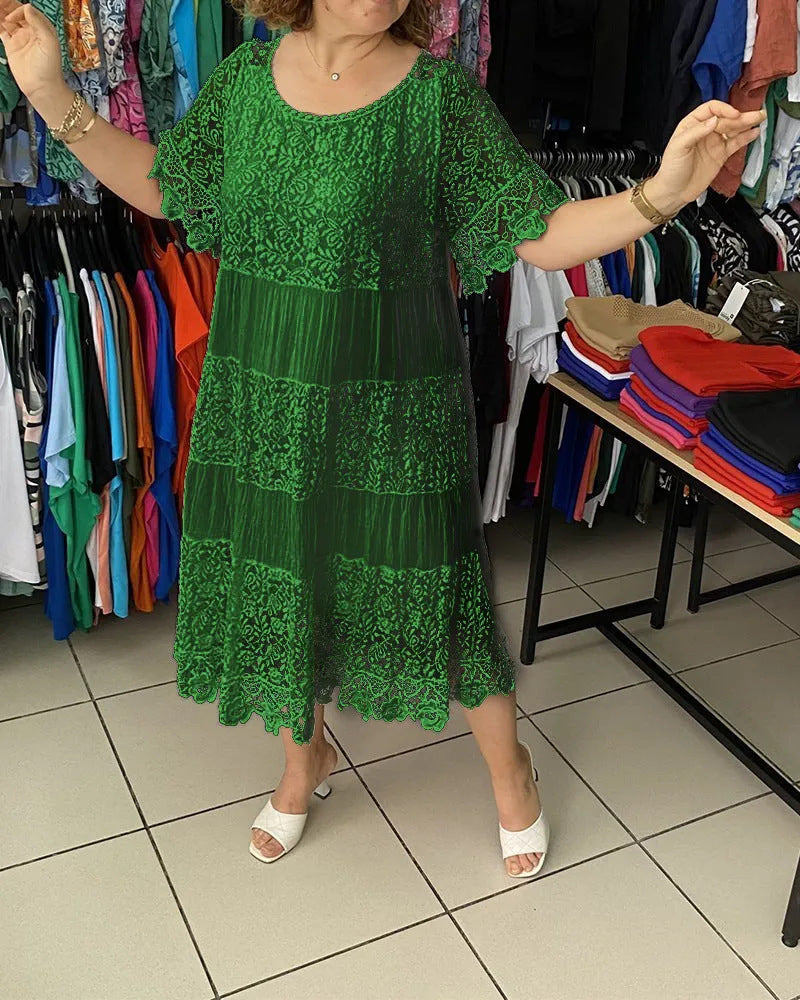 🔥【50% ZĽAVA】✨✨✨【S-5XL】2026Nové šaty s krátkym rukávom, okrúhlym výstrihom a čipkou.