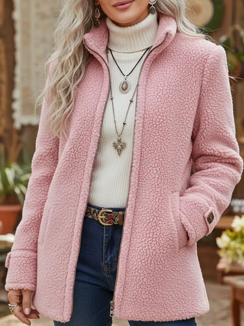 🛒【S-3XL】Zimní dámská stojáček s jednobarevným volným ležérním módním dlouhým rukávem s fleecovou bundou na zip