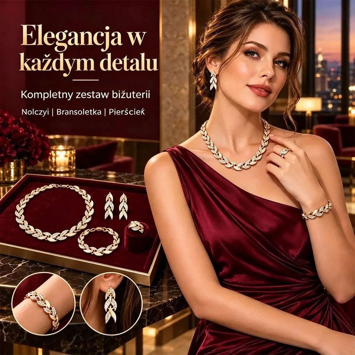 ✨💎Zestaw biżuterii damskiej 4 elementy: naszyjnik, bransoletka, pierścionek, kolczyki, wzór liści, wysadzane cyrkonią