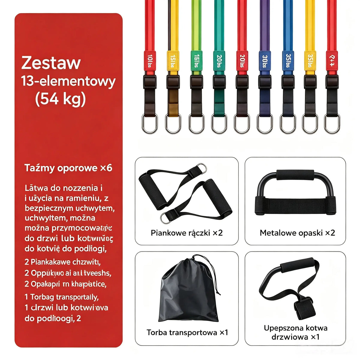 💪13-częściowy zestaw taśm oporowych z rączkami do treningów domowych