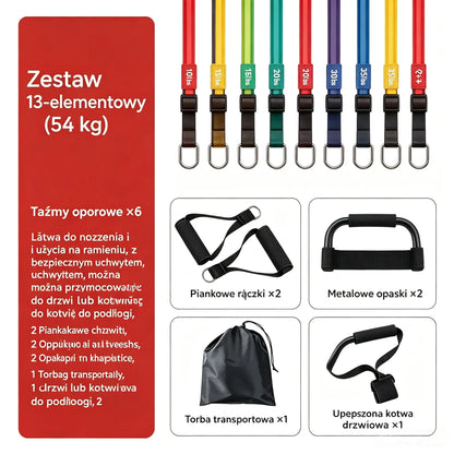 💪13-częściowy zestaw taśm oporowych z rączkami do treningów domowych