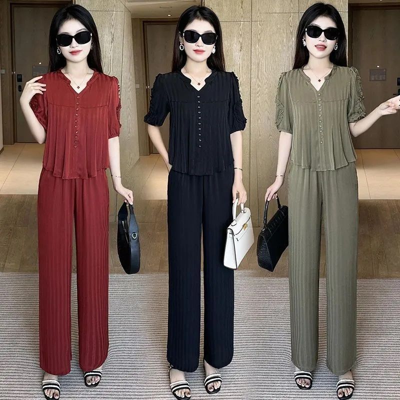 💥🔥【Top + pantaloni】【Cumpără 1 primești 1 gratis】【40-80kg】2025 Noua modă leisure Ice Silk Suit Costum din două piese pentru femei