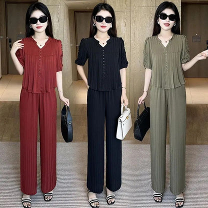 💥🔥【Top + pantaloni】【Cumpără 1 primești 1 gratis】【40-80kg】2025 Noua modă leisure Ice Silk Suit Costum din două piese pentru femei