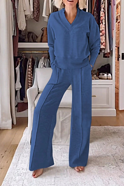 🥰📢 Luźny dwuczęściowy zestaw casual damski na jesień, jednokolorowy, elegancki krój, góra i szerokie spodnie