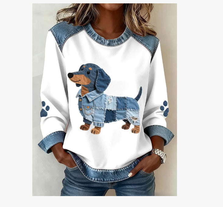 🔥【Vremenski ograničena ponuda】【S-5XL】Nova ženska modna traper majica s patchwork uzorkom, okrugli izrez i dugi rukavi s printom