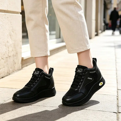 【35-41】👟Damskie czarne, skórzane, płaskie, wsuwane buty robocze – antypoślizgowe, amortyzowane – oddychające, lekkie i wygodne