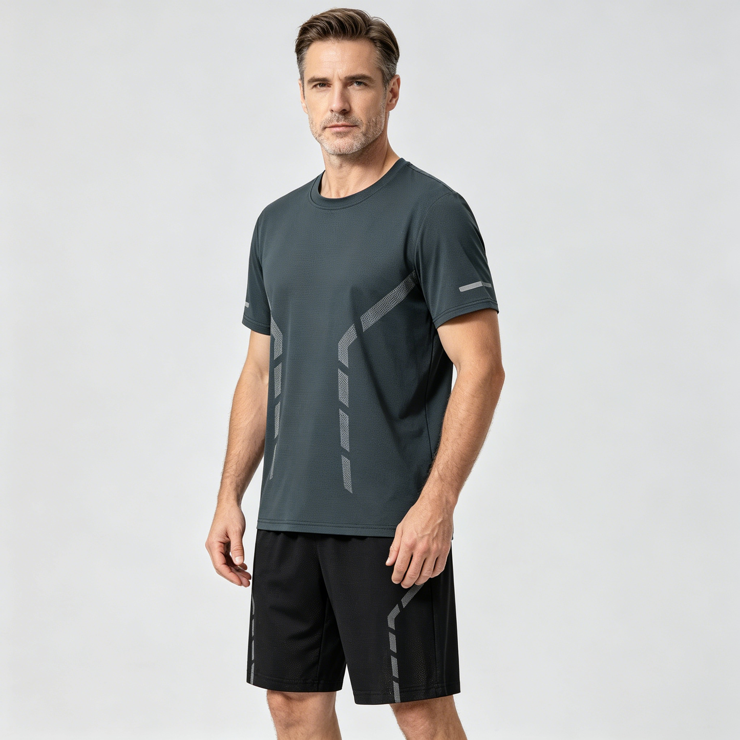 【L-5XL】Muško ljetno tanko elastično brzosušeće sportsko odijelo za trčanje i fitness - ledeno svileno mrežasto, kratke rukave i kratke hlače