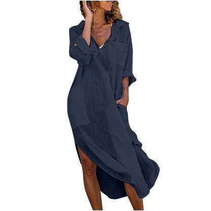 🔥【Rabat 50%】✨【S-2XL】Długa koszulowa sukienka damska z bawełny i lnu