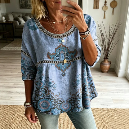 💖【S-5XL】 Exquisita blusa de manga corta con estampado de encaje calado y un estilo bohemio fluido.