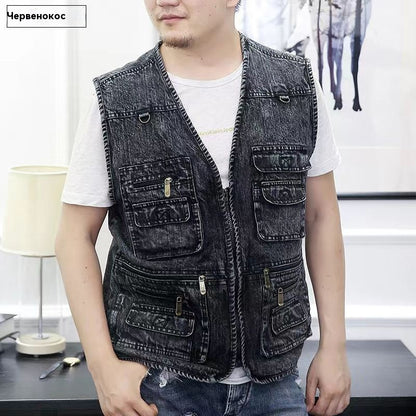 【Nowa kolekcja -50%】Męska dżinsowa kamizelka z wieloma kieszeniami 【XL–7XL】 – Wytrzymała, przewiewna i wygodna