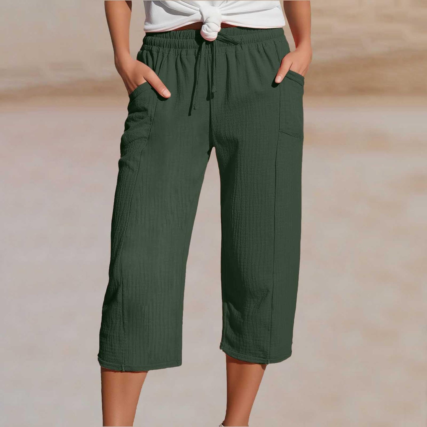 💖【40KG-100KG】👖👖Ženske jednobojne plisirane capri hlače od pamuka i lana - hladne i prozračne, laskaju obliku nogu, elegantne i ležerne