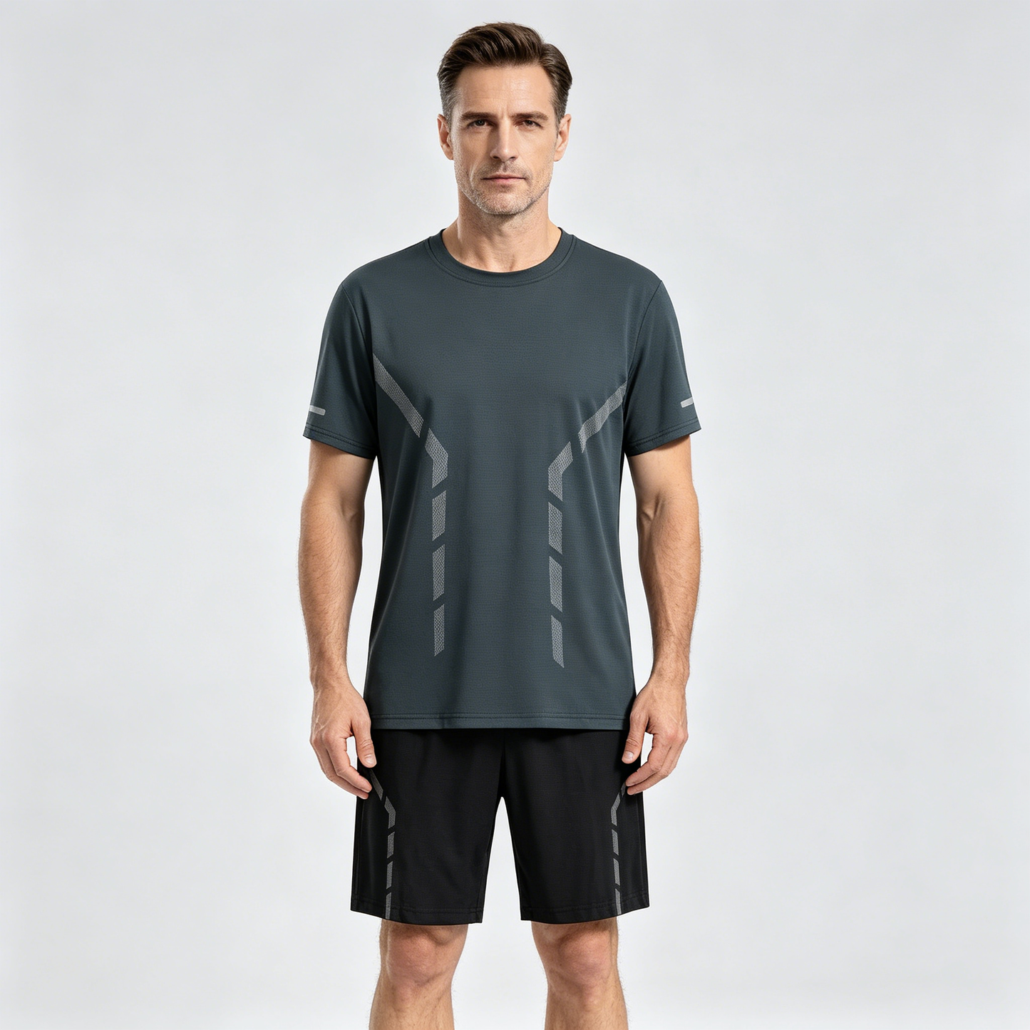【L-5XL】Muško ljetno tanko elastično brzosušeće sportsko odijelo za trčanje i fitness - ledeno svileno mrežasto, kratke rukave i kratke hlače