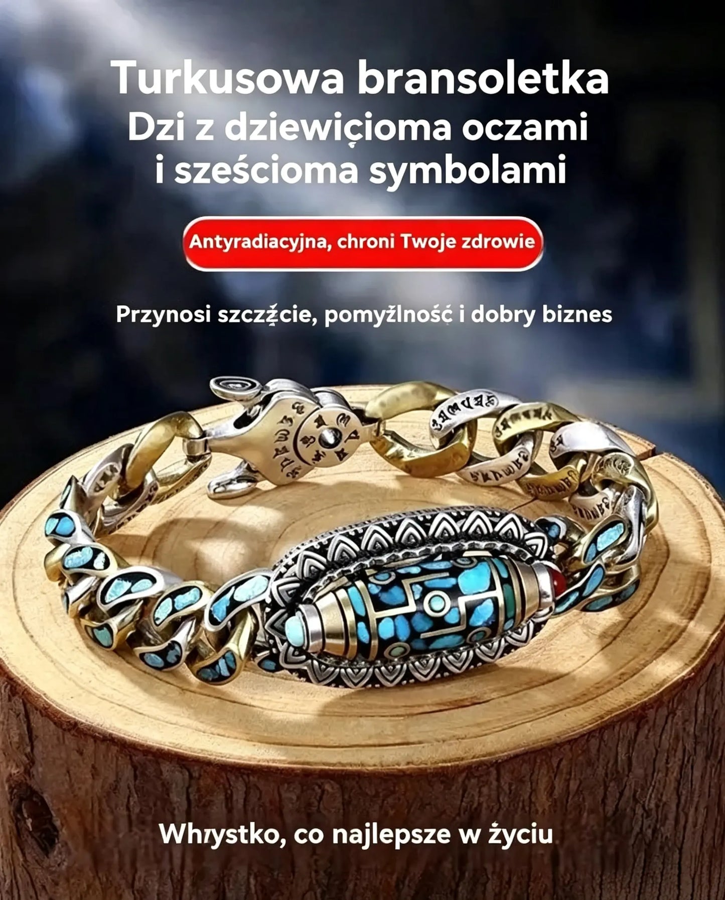 ✨ Bransoletka retro z sześciocyfrowym turkusem i mantrą ze srebra próby 925 z przenoszonymi koralikami