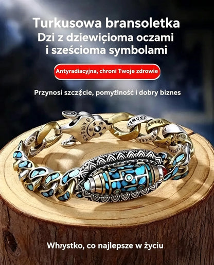✨ Bransoletka retro z sześciocyfrowym turkusem i mantrą ze srebra próby 925 z przenoszonymi koralikami