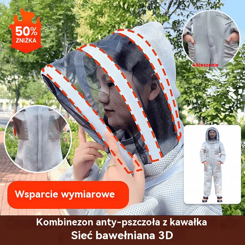 🐝 Jednoczęściowy kombinezon ochronny z siatki bawełnianej 3D skutecznie chroni przed użądleniami pszczół.