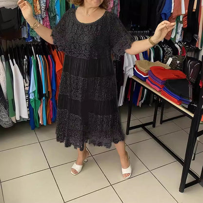 🔥【50% ZĽAVA】✨✨✨【S-5XL】2026Nové šaty s krátkym rukávom, okrúhlym výstrihom a čipkou.