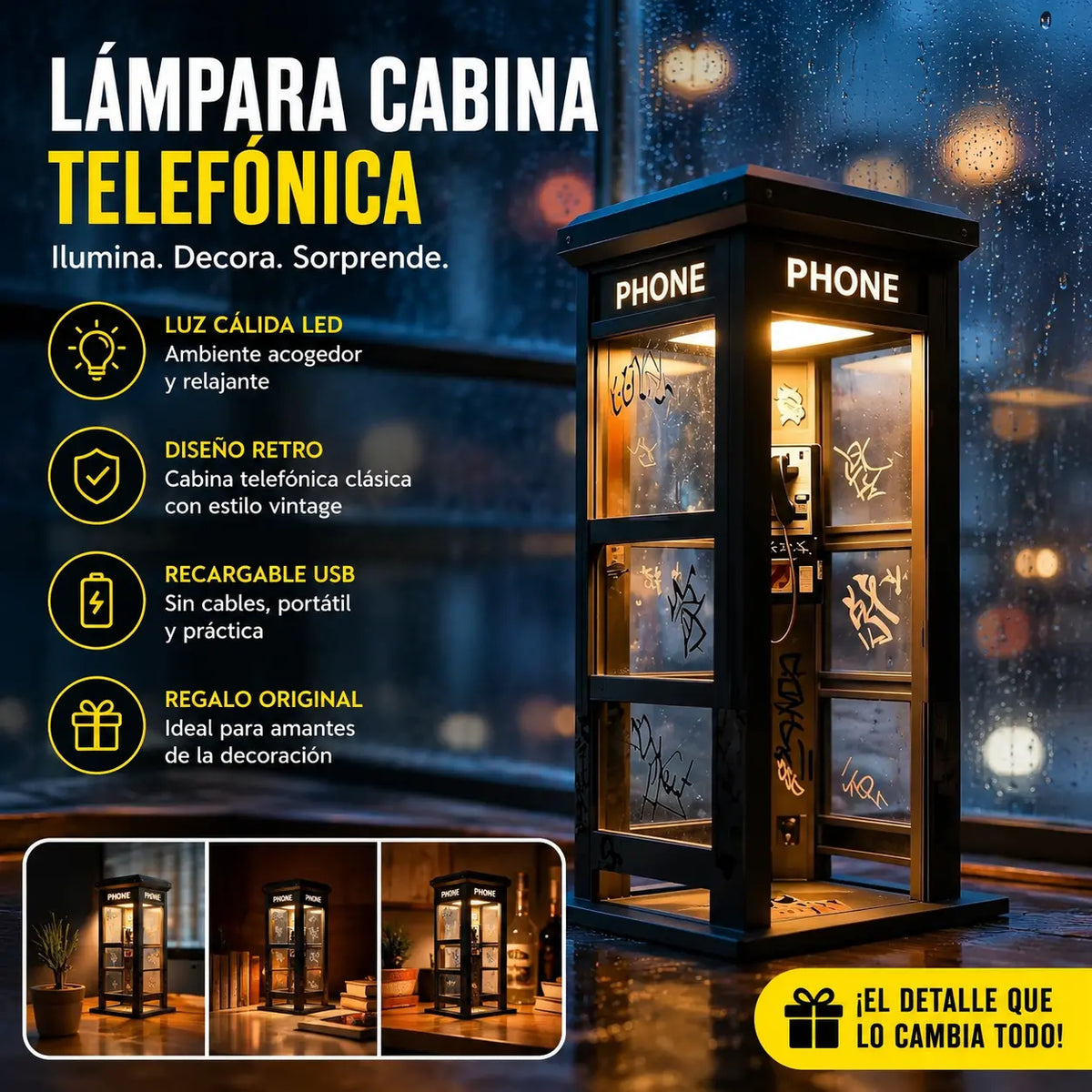 ✨⏰Lámpara de ambiente con forma de cabina telefónica vintage: diseño nostálgico con luz ambiental cálida 💡📞