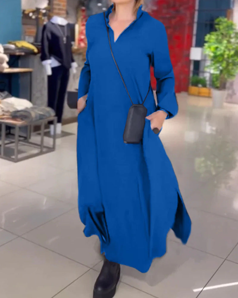 🔥【S-3XL】Rochie ocazională de primăvară și vară, cu mâneci lungi, cu decolteu în V, de culoare uni