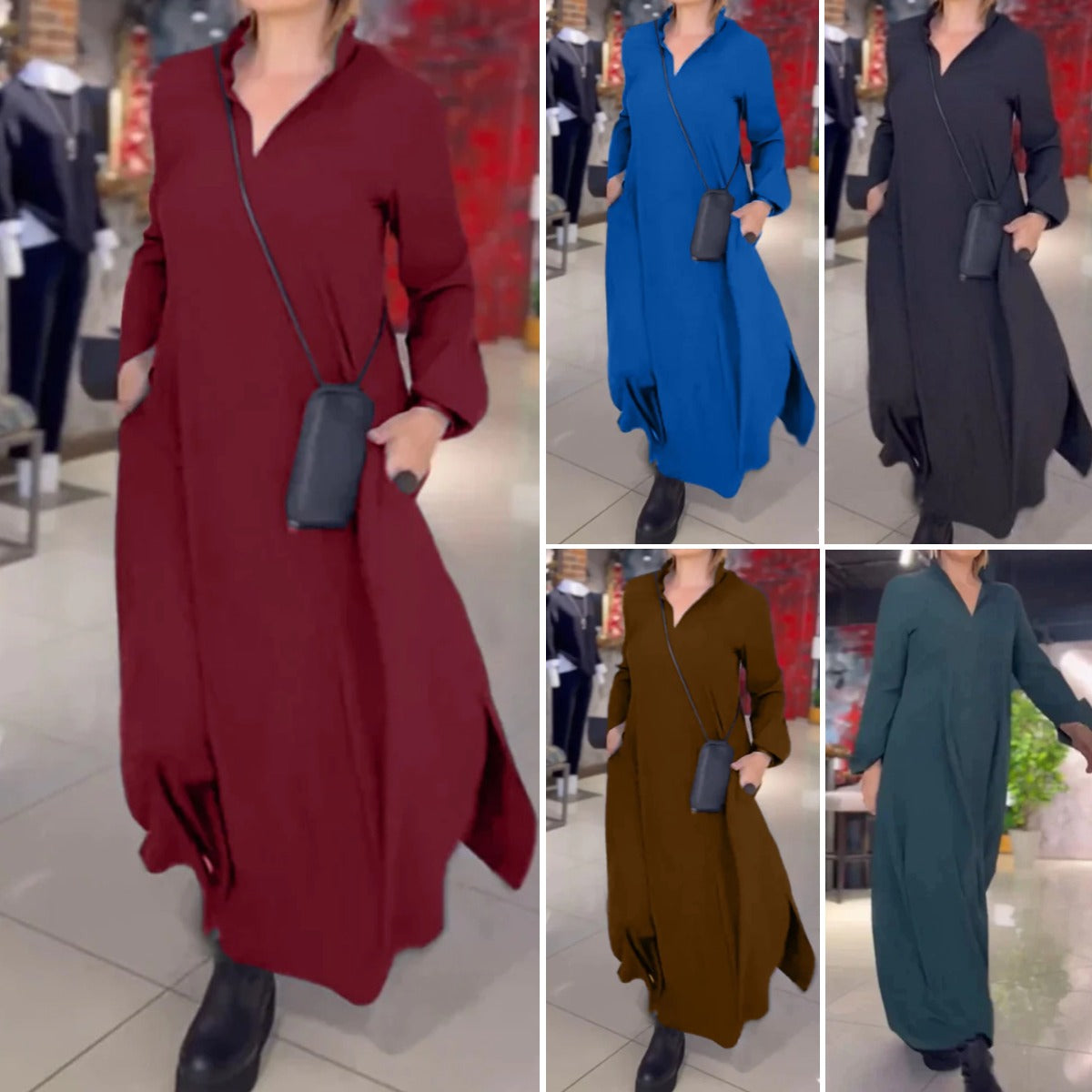 🔥【S-3XL】Rochie ocazională de primăvară și vară, cu mâneci lungi, cu decolteu în V, de culoare uni
