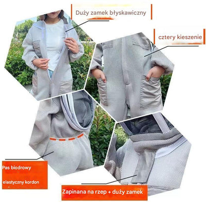 🐝 Jednoczęściowy kombinezon ochronny z siatki bawełnianej 3D skutecznie chroni przed użądleniami pszczół.