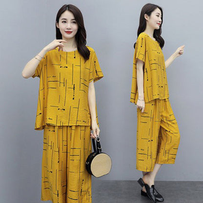 🔥【50% OFF】【Top + Pantaloni】🔥Costum de femeie cu mânecă scurtă, stil nou 2025, lejer, pentru femei de vârstă mijlocie și în vârstă