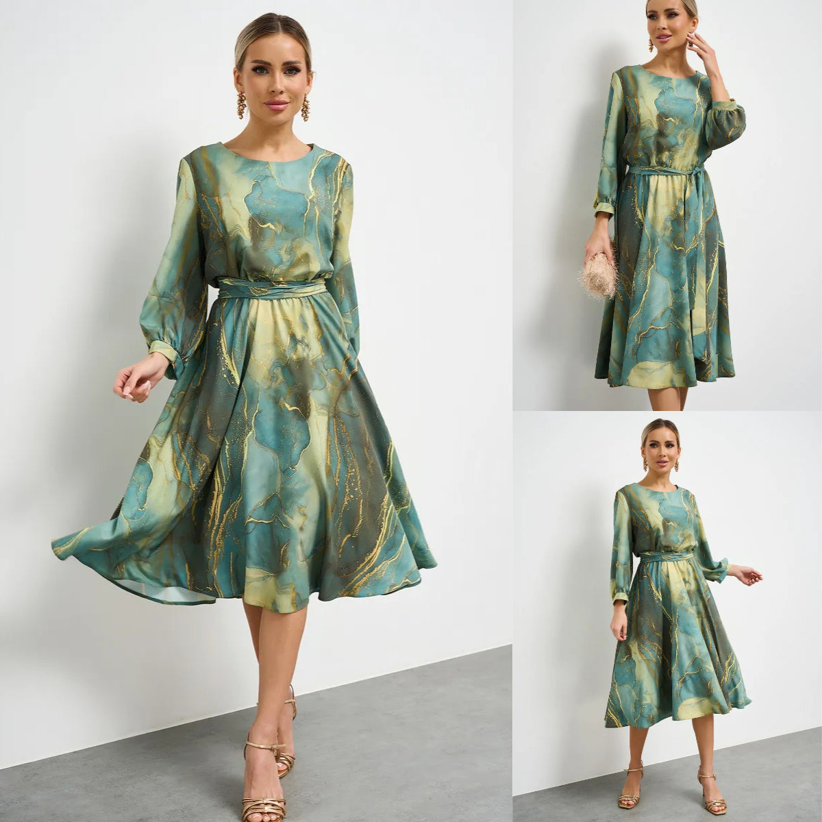 👗【Zână de primăvară】 rochie verde elegantă cu mânecă lungă și fustă🌸 3915176