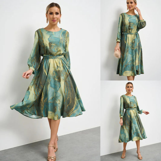 🔥👗Top hit 2026 Akcia【S–5XL】 rochie verde elegantă cu mânecă lungă și fustă!