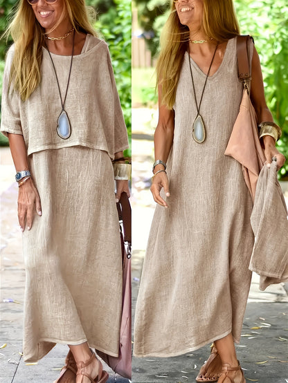 👗【49% popusta】Ženski elegantni dvodijelni set haljina od pamuka i lana u jednoj boji, okrugli izrez + ležerna široka maxi suknja za plažu