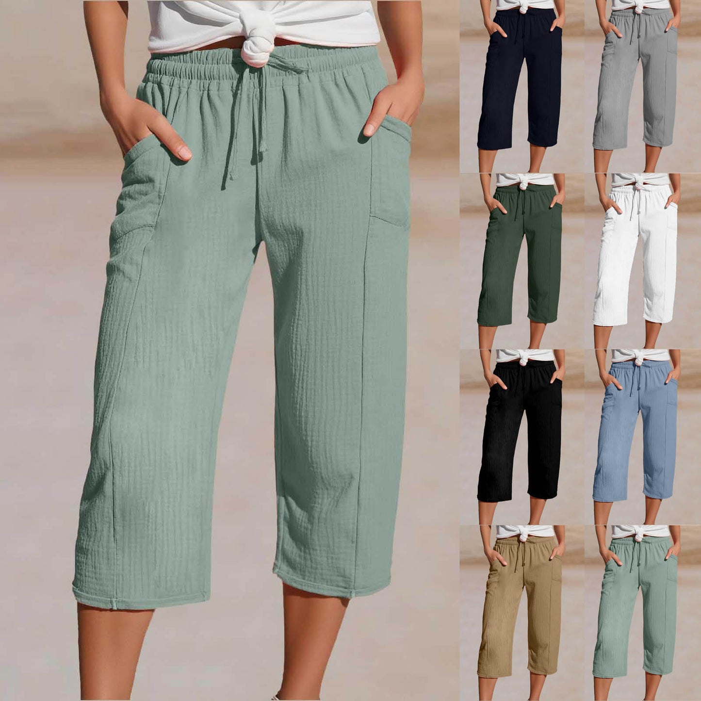 🔥✨Nowe letnie damskie spodnie capri z plisami, wykonane z bawełny i lnu, w jednolitym kolorze