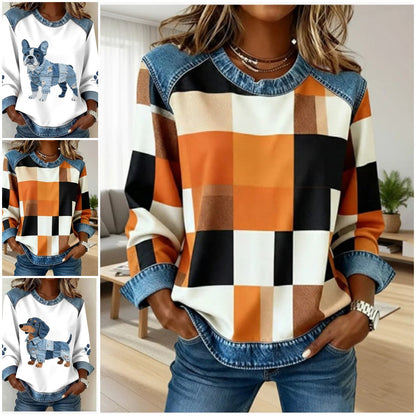 🔥【Vremenski ograničena ponuda】【S-5XL】Nova ženska modna traper majica s patchwork uzorkom, okrugli izrez i dugi rukavi s printom